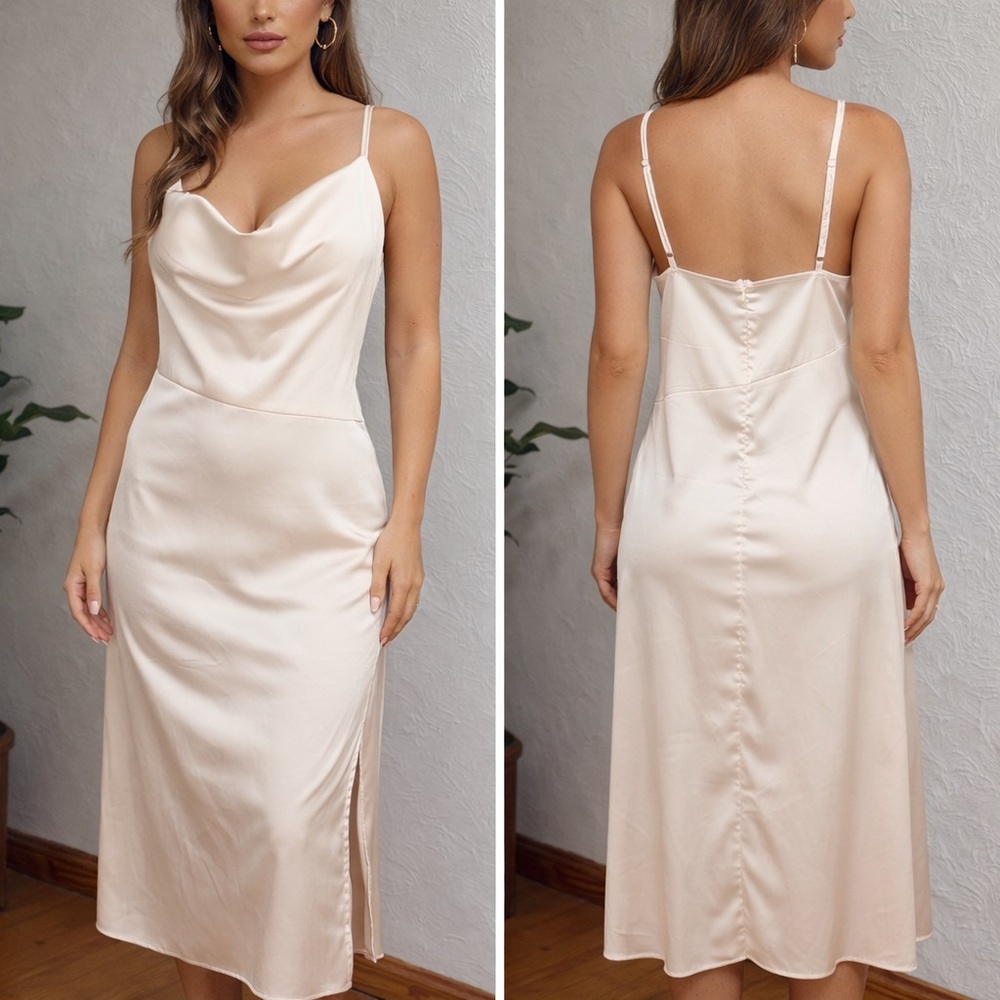 LYANER Champagne Satin Slip Dress | Cowl Neck | Side Slit | XL